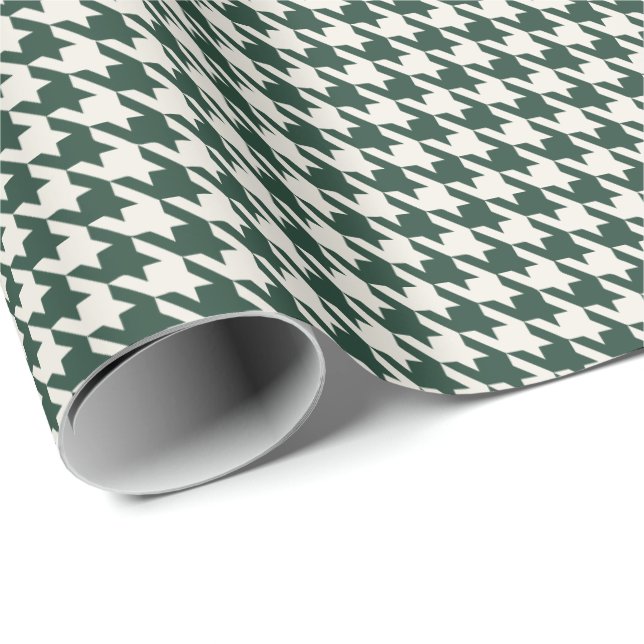 Skoggrön och elfenbensfärgad Houndstooth-mönster | Presentpapper (Rullad Hörn)