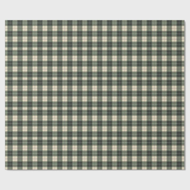 Skoggrön och krämgul Tartan Snöflinga Presentpapper (Platt)
