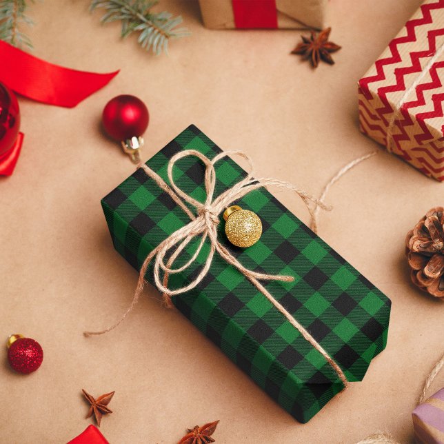 Skoggrön och svart Buffalo-rutig Presentpapper (Forest Green and Black Buffalo Plaid Wrapping Paper)