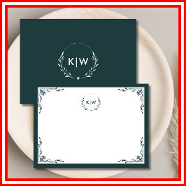 Skoggrön och vit | Moderna initialer monogram Anteckningskort