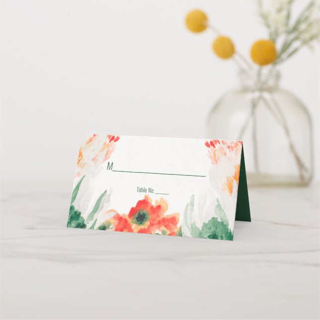 Skoggrön, Orange, Vit Akvarell Blommig Placeringskort (Framsida)