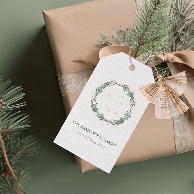 Skoggröna Guldstjärnor Jul Familjenamn Presentetikett (Forest Green Gold Stars Christmas Family Name Gift Tags ©Susanne Sachers - Sunny Mind 🌞)