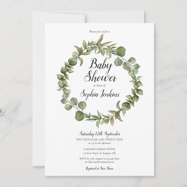 Skoggrönska Eukalyptus Script Baby Shower Inbjudningar (Framsida)