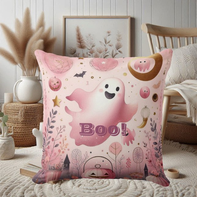 Skogig spökis med halloween-pumpa i rosa kudde (Pink Boo Friendly Ghost Halloween Jack o lantern Throw Pillow)