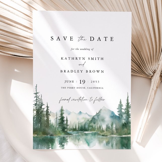 Skoglig Bergssjö Bröllop Spara Datumet (Mountain Lake Save the Date Card, Watercolor Forest Woodland Wedding Announcement Card)