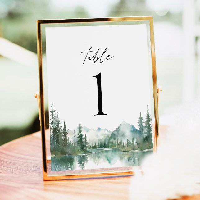 Skogliga Bordnummer för Bröllop vid Bergssjö (Mountain Lake Wedding Table Numbers, Watercolor Forest Reception Gold Decor, Woodland Table Number)