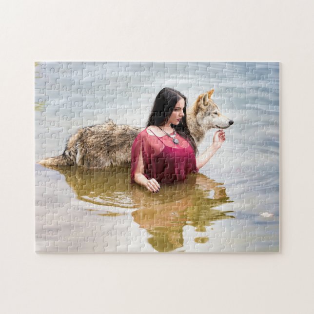 SkogNymph med henne varg Pussel (Horisontell)