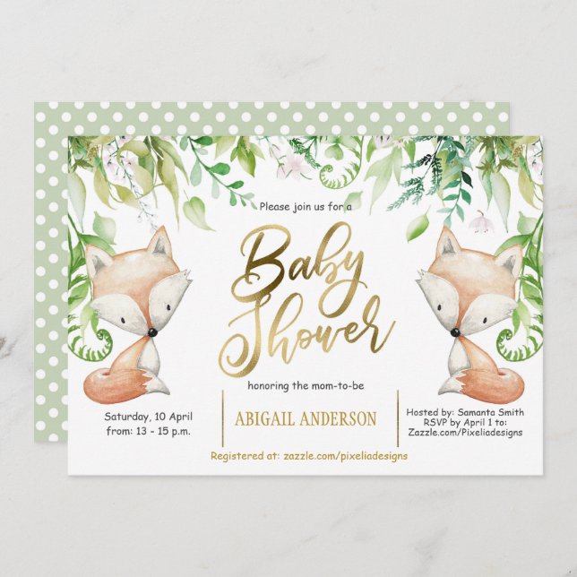 Skogräv, Greenery, Faux Guld Pojke Shower Inbjudningar (Fram/baksida)