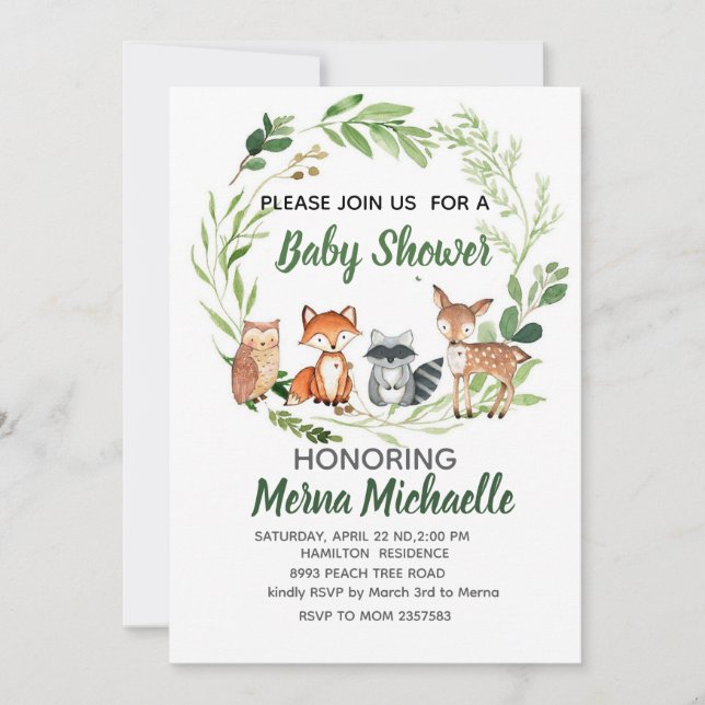 skogs djur baby shower inbjudan (Framsida)