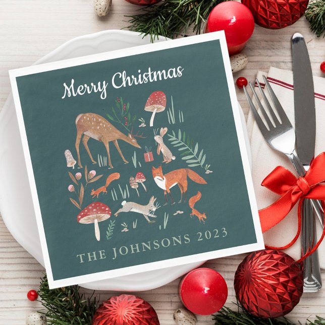 Skogs djur grön jul  pappersservett (Cute Woodland Animals Green Christmas Napkins)