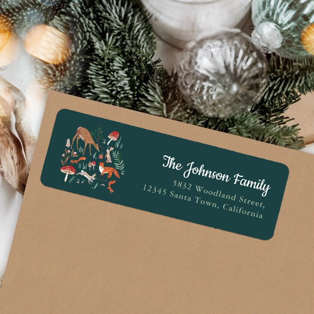 Skogs djur grön julfest inbjudan returadress etikett (Woodland Animals Green Christmas Party Invitation Label)