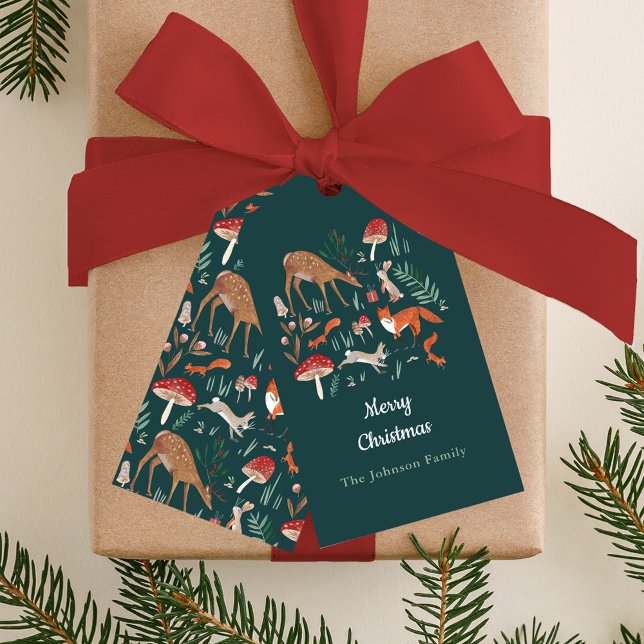 Skogs djur Grön Julfest Presentetikett (Woodland Animals Green Christmas Party Invitation Gift Tags)