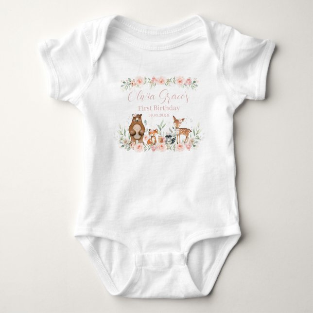 Skogs djur rosafärgad blommig 1-års födelsedags ou t shirt (Framsida)