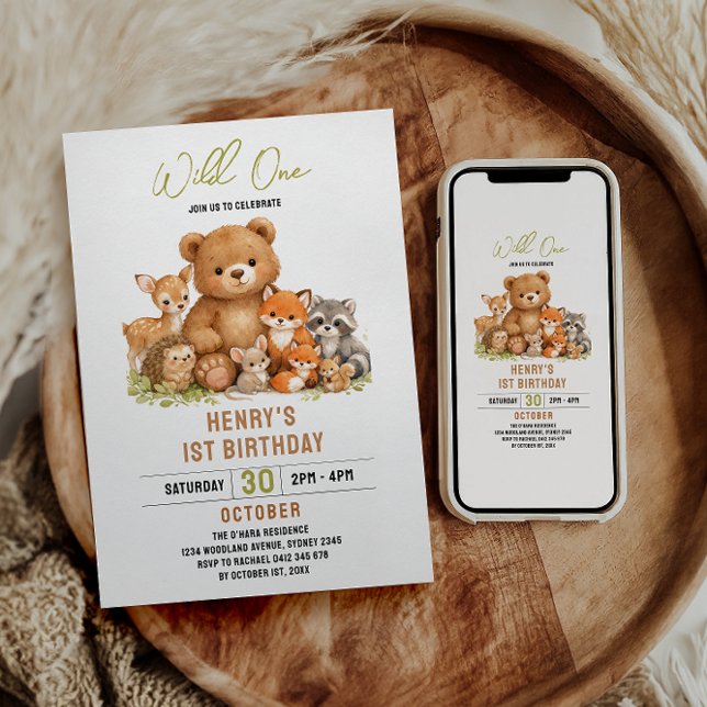 Skogs Djur Vilda Ett 1-års Födelsedag Inbjudningar (Forest Woodland Animals Wild One 1st Birthday Invitation
)