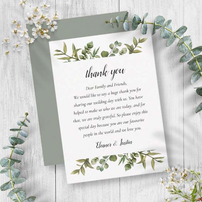 Skogs Eukalyptus Grönska Bröllop Tack Placeringskort (Woodland Eucalyptus Greenery Wedding Thank You Place Card)