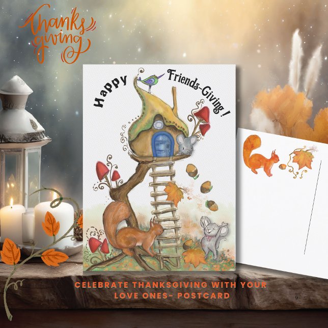 Skogs Friendsgiving - Förtrollat Trädhus Vykort (Woodland Friendsgiving - Entchanted Treehouse Postcard)