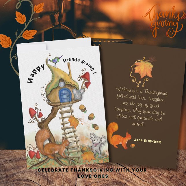 Skogs Friendsgiving - Mysig höstscen Julkort (Woodland Friendsgiving - Cozy Autumn Scene Holiday Card)