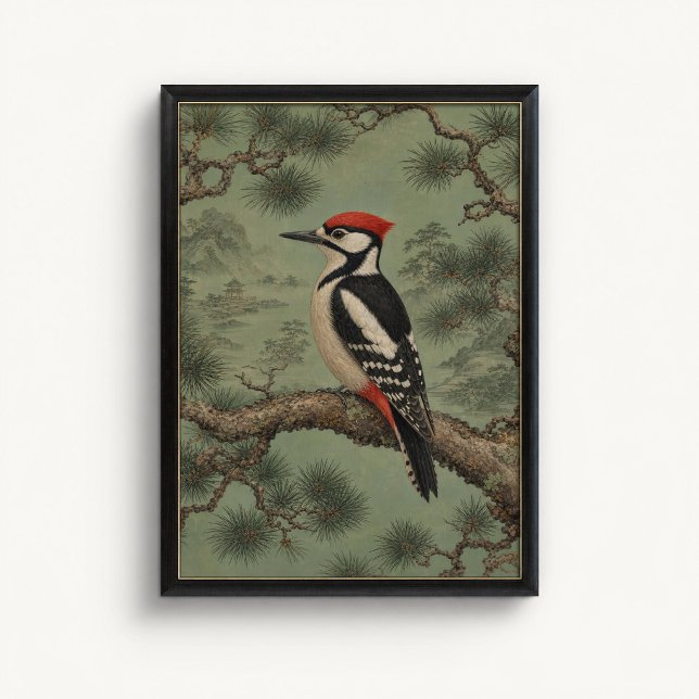 Skogs hackspett tall Chinoiserie Affisch (Forest Woodpecker Wall Art Poster - close-up view (frame/decor not included))