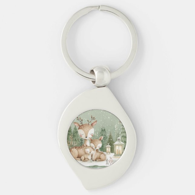 Skogs Hjortfamilj Swirl Silverfärgad Nyckelring (Framsidan)