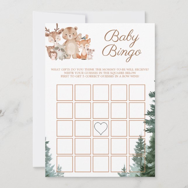 Skogs- och skogsdjursbingo för baby shower  inbjudningar (Framsida)