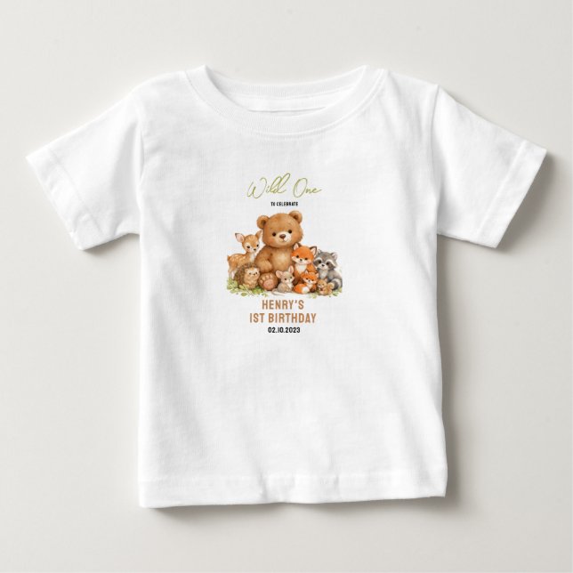 Skogs- och träddjurs vilda etta Första födelsedage T Shirt (Framsida)