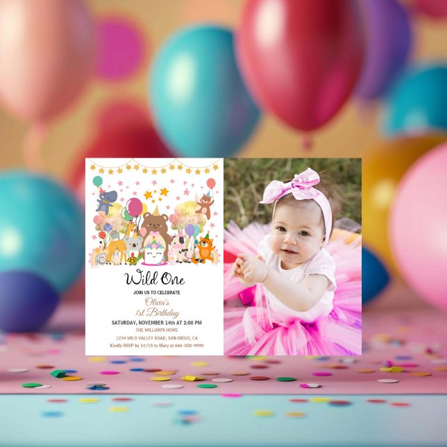 Skogs- och vildmarks-tema födelsedagsfest för en f inbjudningar (woodland forest wild one birthday party horizontal photo invitation)