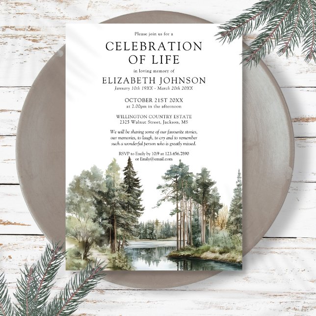 Skogs Sjö Livs Firande Begravning Inbjudningar (Woodland Forest Lake Celebration Of Life Funeral Invitation)