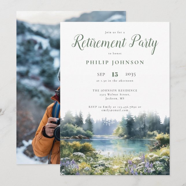 Skogs sjöside foto pensioneringsfest inbjudningar (Fram/baksida)