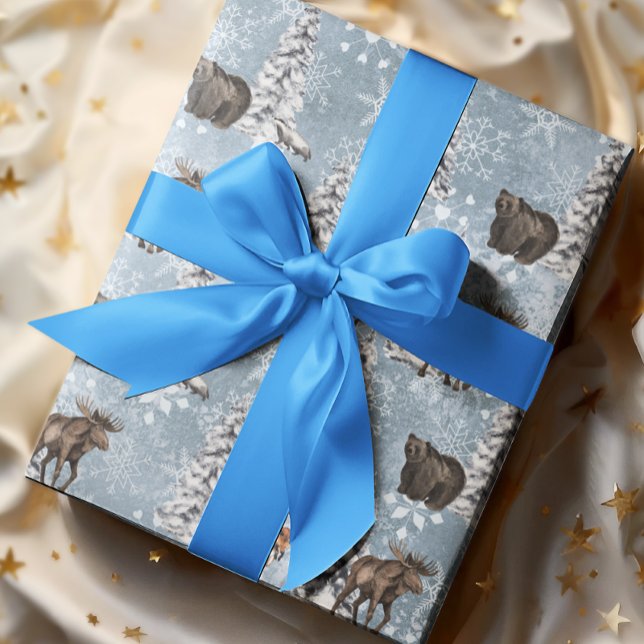 Skogs Vinter Älg Julgran Snöflinga Presentpapper (Skapare uppladdad)