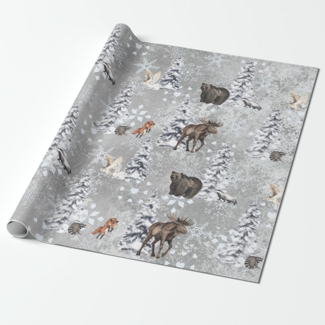 Skogs vintrig älg julgran Snöflinga Presentpapper (Utrullad)