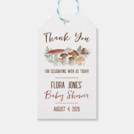 Skogsalv, svamp-tematisk babyfest presentetikett