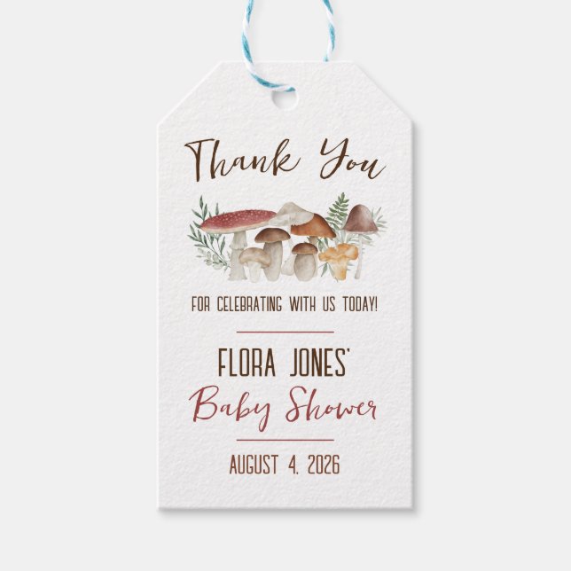 Skogsalv, svamp-tematisk babyfest presentetikett (Framsidan)