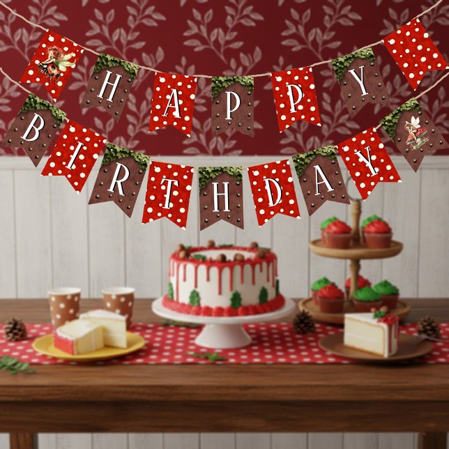 Skogsälva Svamp Prickig Glad Födelsedag Vimplar (Red and White Polka Dot Whimsical Fairy Ladybug Happy Birthday Bunting Banner)