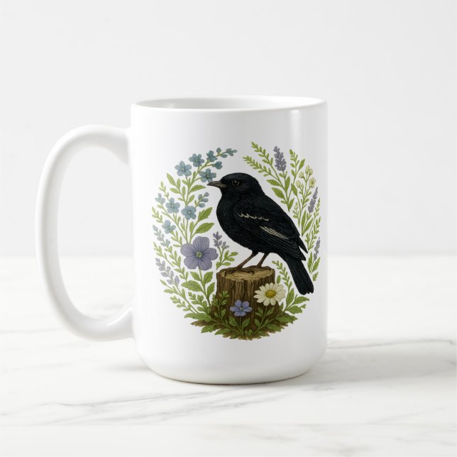 Skogsångare & Vildblomma Botanisk Broderi Kaffemugg (Vänster)