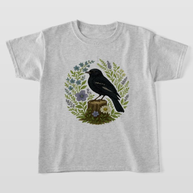 Skogsångare & Vildblomma Botanisk Broderi T Shirt (Laydown)