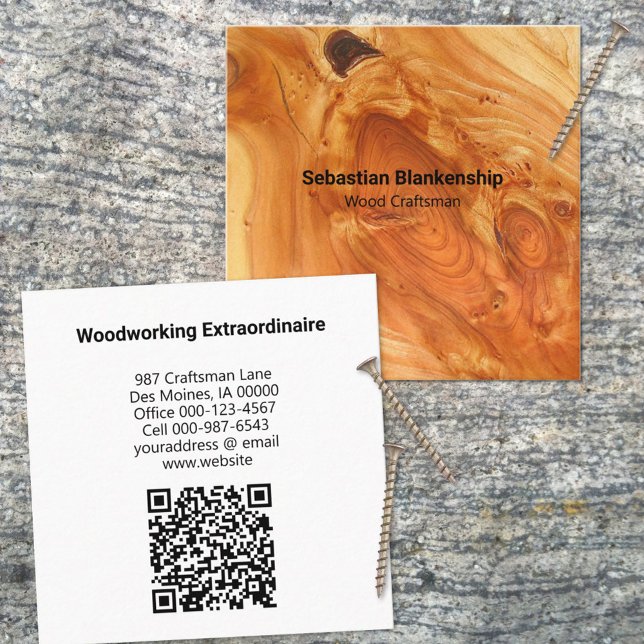 Skogsarbetare Avslutar QR-koden Wood Struktur Fyrkantigt Visitkort (Use this business card design for any business once you personalize all the text and add a QR code. )