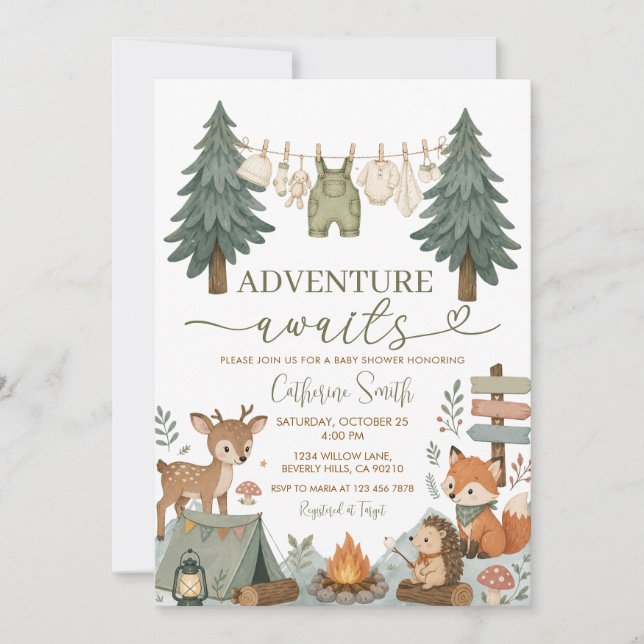 Skogsäventyr Väntar Klädstreck för Baby Shower Inbjudningar (Framsida)