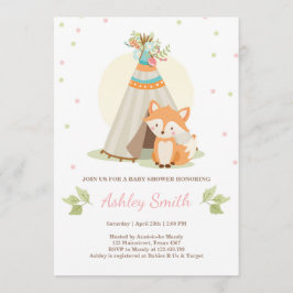 Skogsbabyduschen inviterar Fox Teepee Girl Rosa Inbjudningar