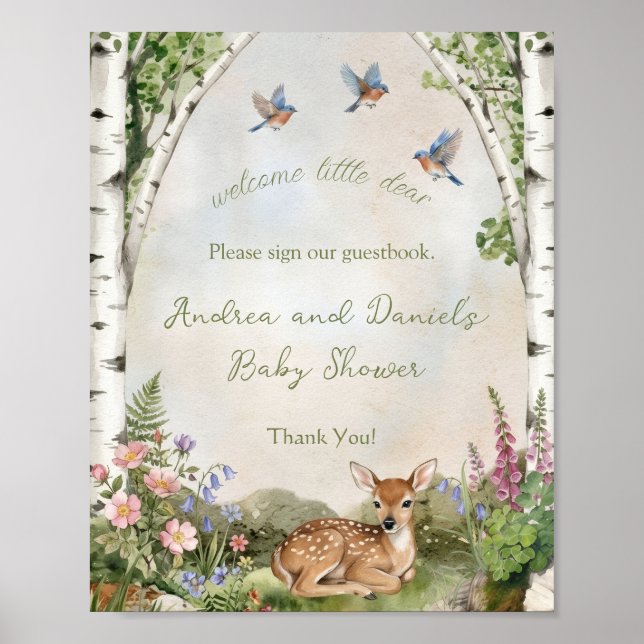Skogsbåge och hjortbarns baby shower gästbokssida poster (Framsidan)