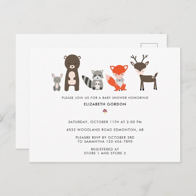 Skogsbarn Baby Shower Skogs Djur Neutral Söt I Vykort (Fram/baksida)