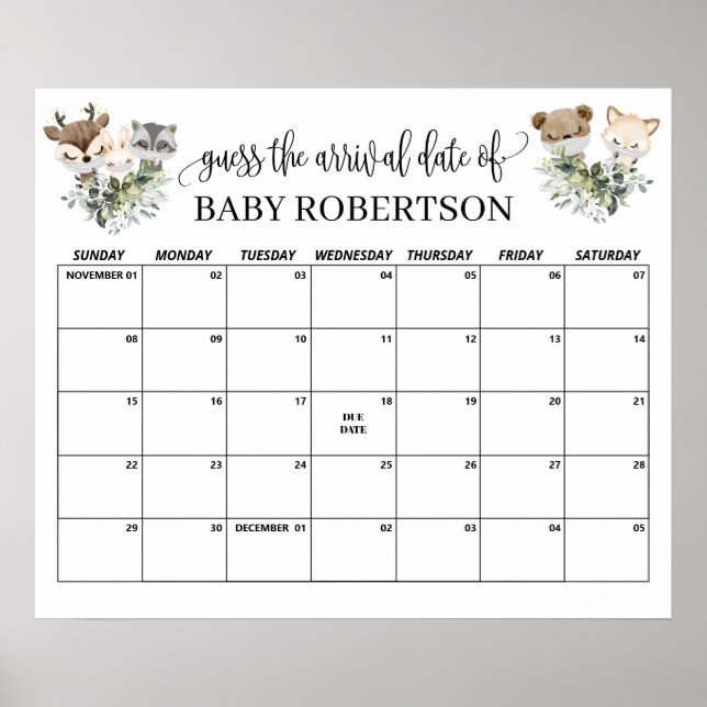 Skogsbarn Babyshower Gissa Förfallodatum Kalender Poster (Framsidan)