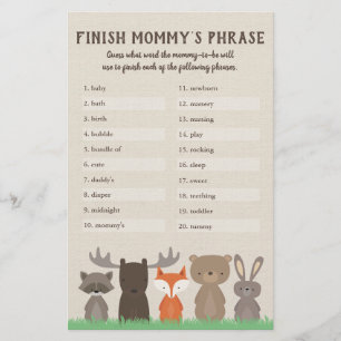 Skogsbarn Babyshower Slutför Mamma Fras Spel Flygblad