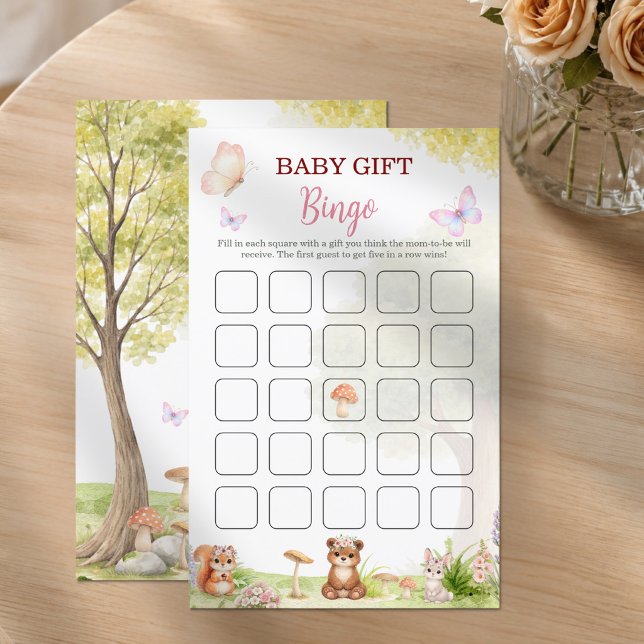 Skogsbarn Presentbingo Baby Shower-spel (Baby Gift Bingo Game | Girl Baby Shower | Woodland)