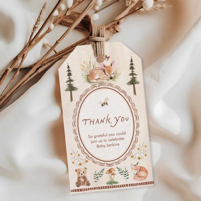 Skogsbarnvakt tack presentetikett (Woodland Creatures Baby Shower Thank you favor tag)