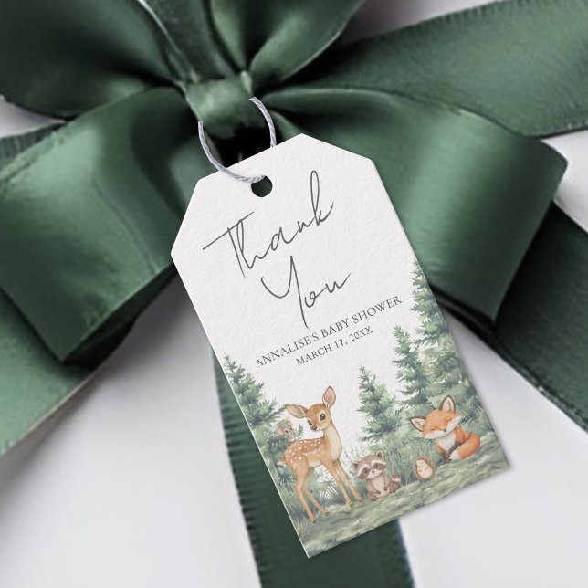 Skogsbarnvårduks tacksamhet presentetikett (Woodland Forest Baby Shower Thank You Gift Tags)