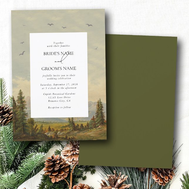 Skogsbergen Gräs i Träd vid Bröllop Inbjudningar (Watercolor Pine Tree Forest Mountains Wedding Invitation)