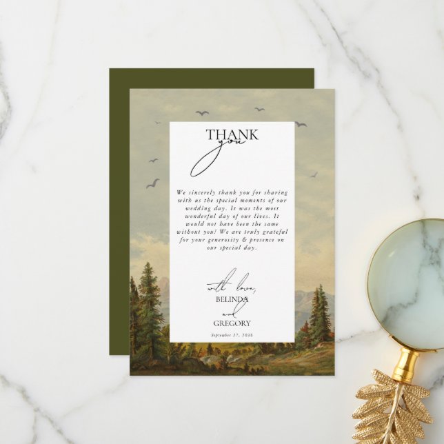 Skogsbergen Gräs i Träd vid Bröllop Tack Kort (Fram/Back In Situ)