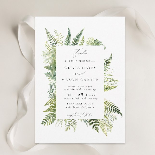 Skogsbergen Woodland Elegant bröllop Inbjudningar (forest wedding invitation woodland fern botanical frame elegant rustic mountains outdoors nature)