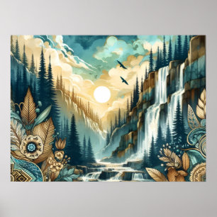 Skogsberget Waterfall Boho Nature Mönster Poster
