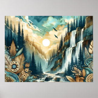 Skogsberget Waterfall Boho Nature Mönster Poster